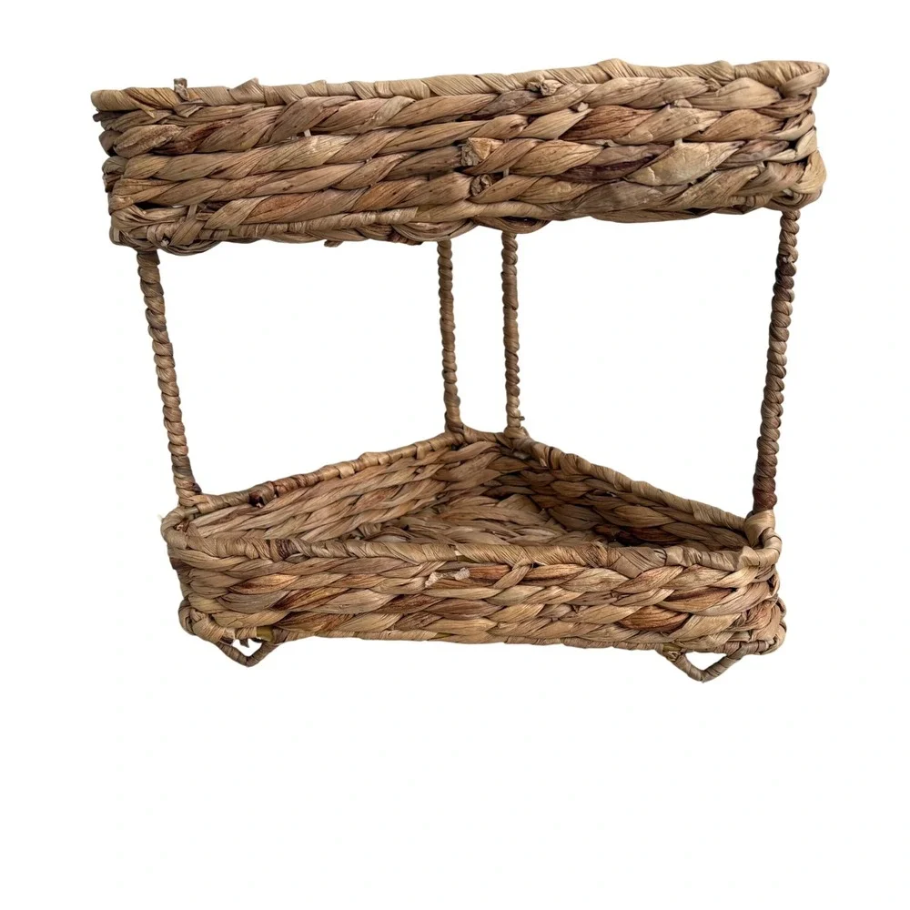Woven Seagrass 2-Tier Corner Shelf Organizer Natural‎ Fiber Boho Storage Basket